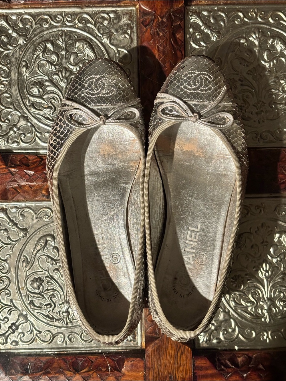 Chanel Silver Python Ballet Flats - Size 37